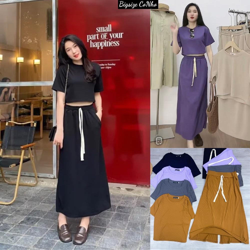 Bộ váy thun dài bigsize gồm áo thun tay ngắn cổ tròn croptop kết hợp chân váy xẻ thun dài có dây - SET17 - Màu Đen