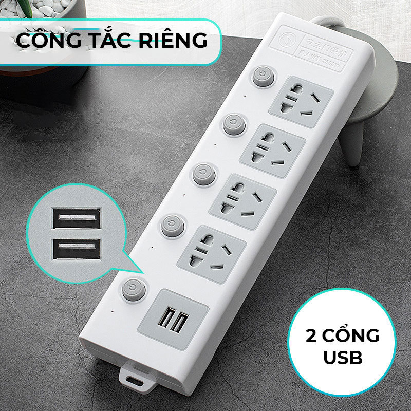 Ổ Cắm Điện Dài VINAVU Kèm Cổng USB Công Tắc Riêng Chịu Tải 2500W, Chống Giật, Chống Cháy