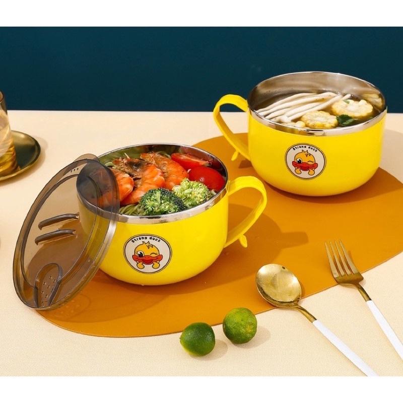 Bát ăn mì hình vịt vàng có tay cầm kèm nắp đậy có lổ thoát nước và ngăn đỡ điện thoại - Tô ăn mì , bát ăn dặm cách nhiệt