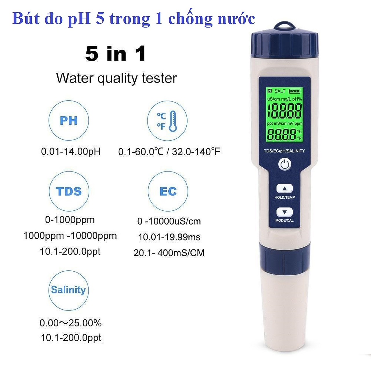 Bút kiểm tra chất lượng nước 5 trong 1, bút đo độ PH, độ mặn , TSD, EC cso đèn nền - hàng chính hãng