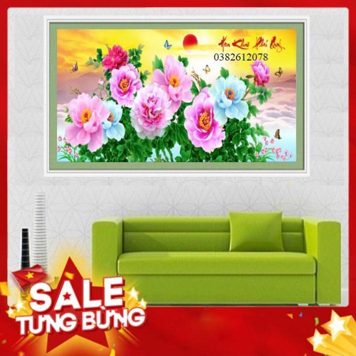 110*55Cm Tranh đính đá Hoa Khai Phú Quý,Tranh đính đá 3D chưa đính LV408, Tranh đính đá Hoa mẫu đơn