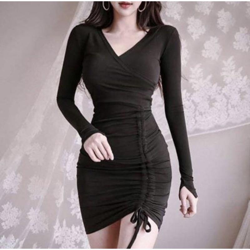 F538 Đầm ôm body cổ tim chéo viền, tay dài, thân dưới phối dây rút đùi