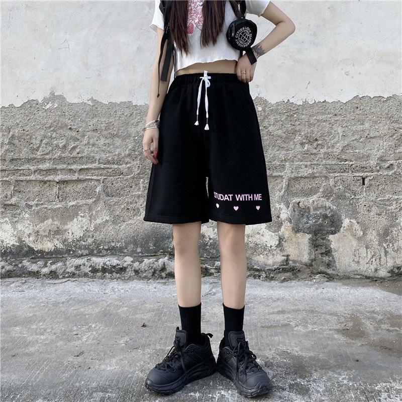 Quần đùi thụng chữ tim hồng quần short ngố lửng ulzzang nam nữ unisex phong cách Hàn Quốc