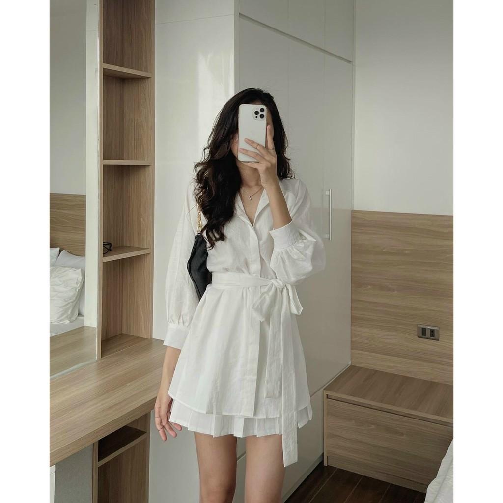 Sét Áo Sơ Mi Nữ Trắng Nâu Và Chân Váy Tennis Áo Sơ Mi Nữ Trắng Nâu Cột Eo Và Chân Váy Trắng
