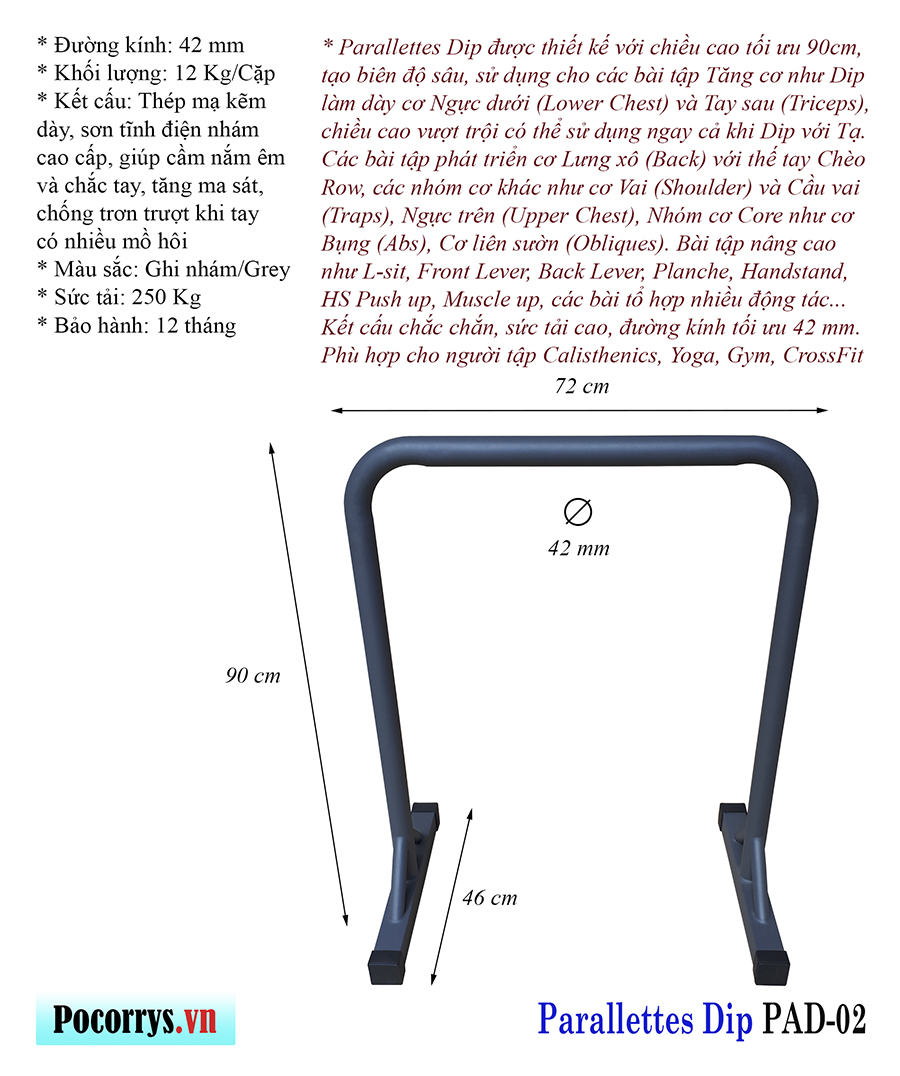 Xà kép Parallettes Dip cao 90cm, Pocorrys PAD-02, Màu ghi