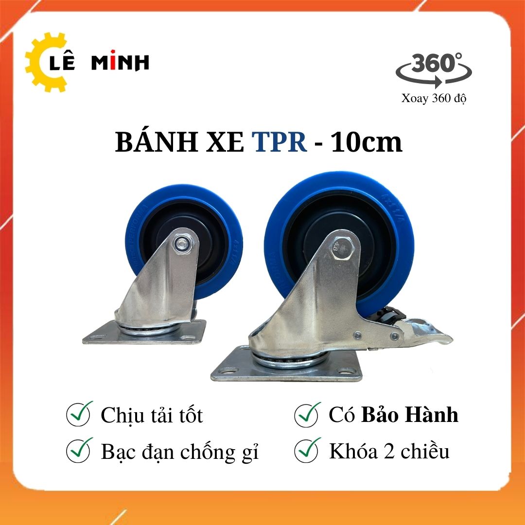 Bánh xe TPR xanh 10cm (Mâm nhựa) - Tải trọng 70Kg/1 Bánh