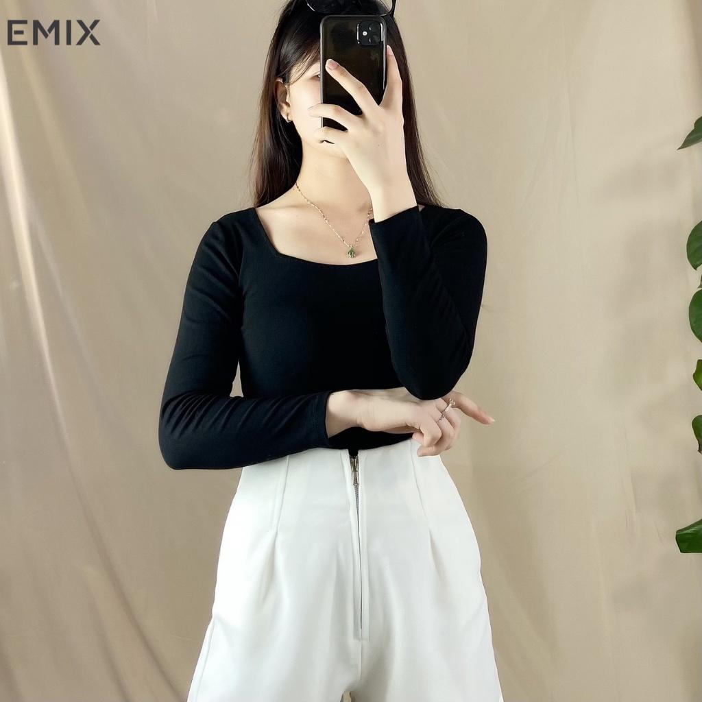 Áo nữ kiểu croptop EMIX (2 màu), dài tay, cổ vuông, tôn eo, thun len tăm co giãn 4 chiều, mềm mại, dày dặn, không lộ
