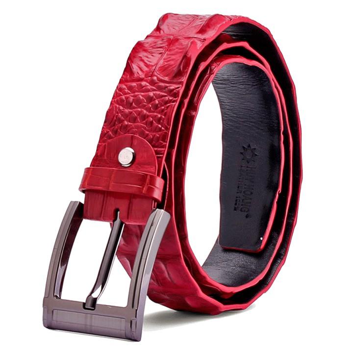 Dây nịt nam da cá sấu Huy Hoàng nguyên con 4P bát gài đầu kim màu đỏ HT4844