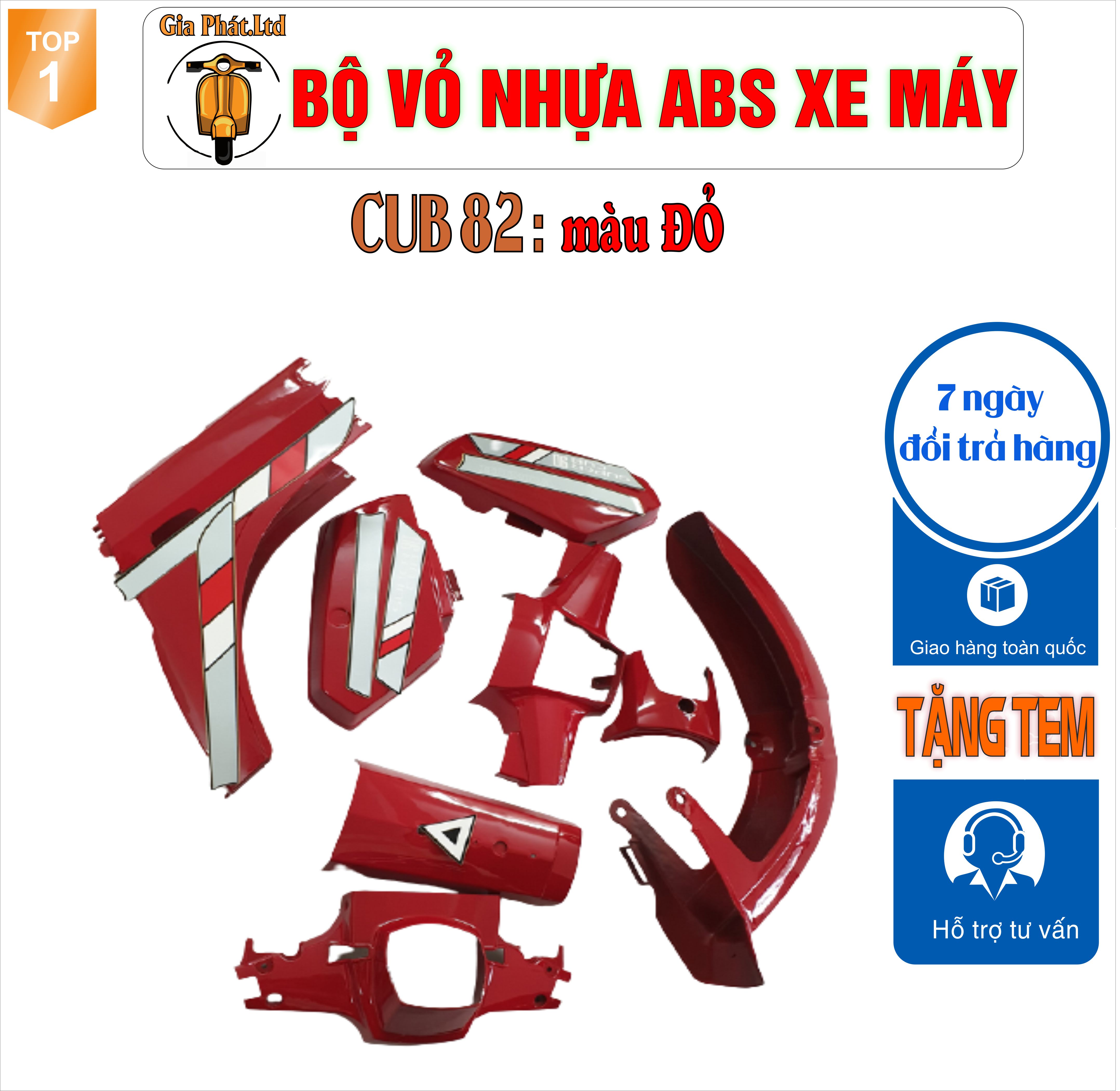 [Tặng tem] Bộ dàn áo xe Cub 82 màu ĐỎ  - nhựa ABS cao cấp -TKB-1353-2143