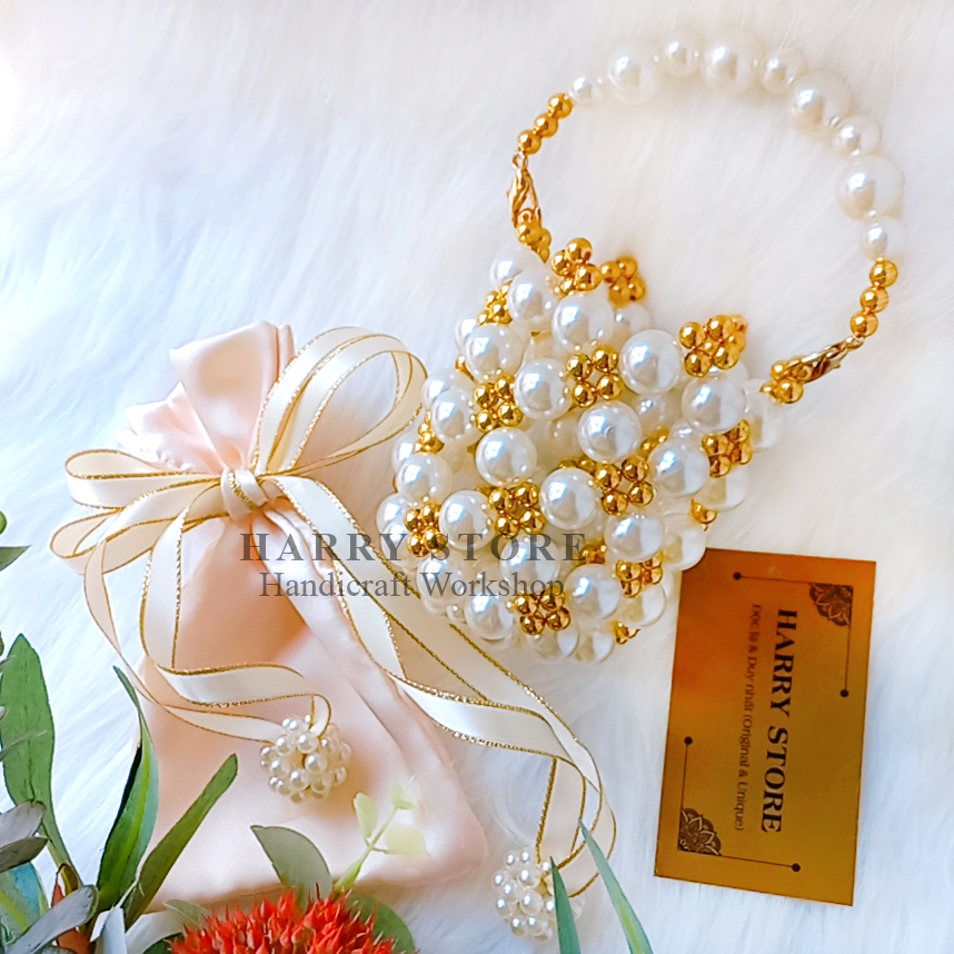 【MUA LÀ CÓ QUÀ】Túi xách cườm kết hạt ngọc trai sang trọng HRRB1-VG, Túi ngọc trai handmade vàng gold đẳng cấp