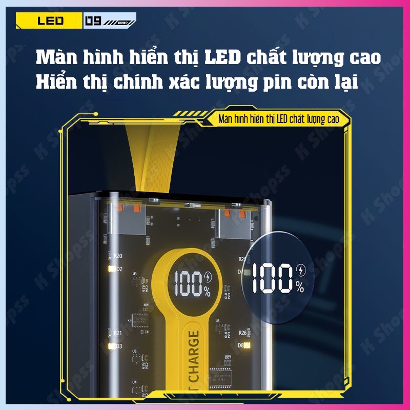 Sạc Dự Phòng 20000mAh Trong Suốt Sạc Siêu Nhanh, Màn Hình Led Thiết Kế Mới, 2 Cổng USB Sạc Nhanh, 1 Cổng Sạc Nhanh TypeC - Hàng Chính Hãng