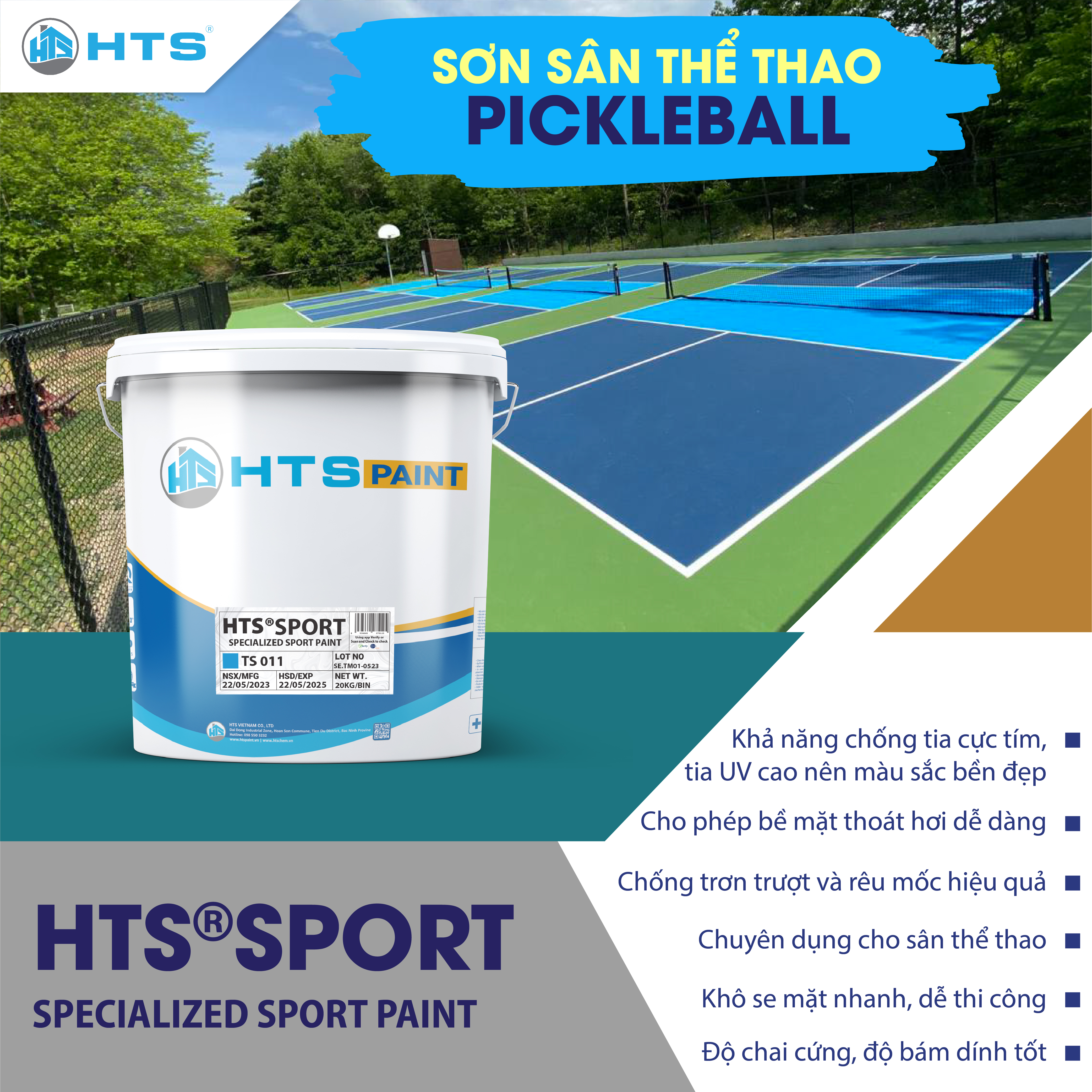 Sơn Chuyên Dụng Sân Thể Thao HTS SPORT cho sân Pickleball, Tennis, Cầu lông, Bóng rổ, Tennis, sân khác