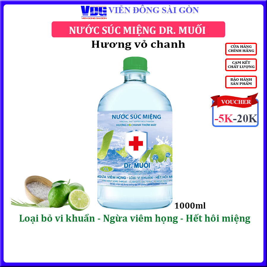 Nước súc miệng Dr. Muối hương vỏ chanh (1000ml)-Loại vi khuẩn, ngừa viêm họng, hết hôi miệng, chống sâu răng