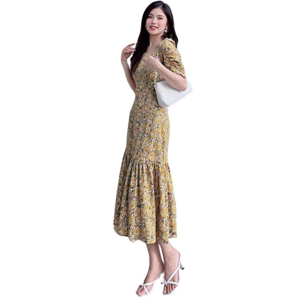 Đầm Váy Nữ Midi Cổ Vuông Hoa Nhí - QA00159