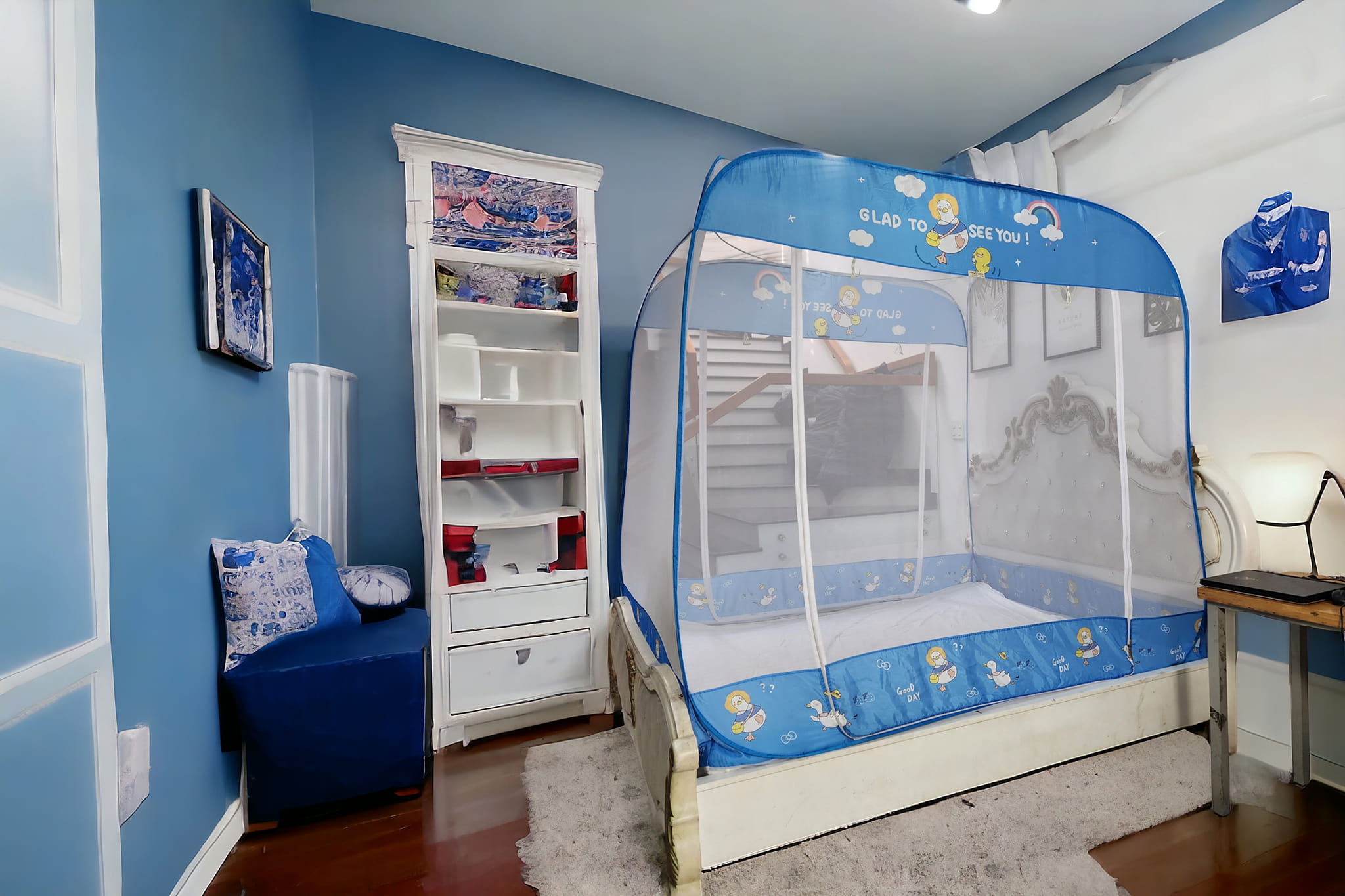 Màn Chụp , Mùng Chụp Cao Cấp Mộc Miên Đỉnh Vuông - Kích Thước 1,8mx2m ( Trắng Viền Xanh )