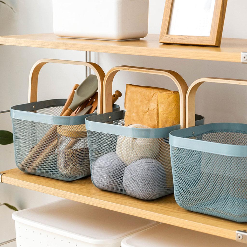 Mesh Storage Basket with Wooden Handle Vegetables Food Kitchen Organizer