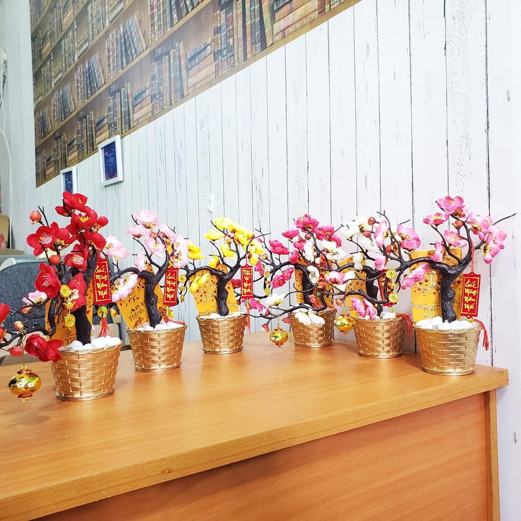 Chậu đào nhí giả dáng bon sai trang trí tết cao 25cm