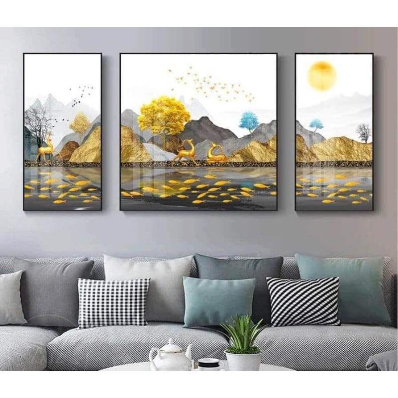 Bộ ba tranh tráng gương cao cấp hươu cá tài lộc