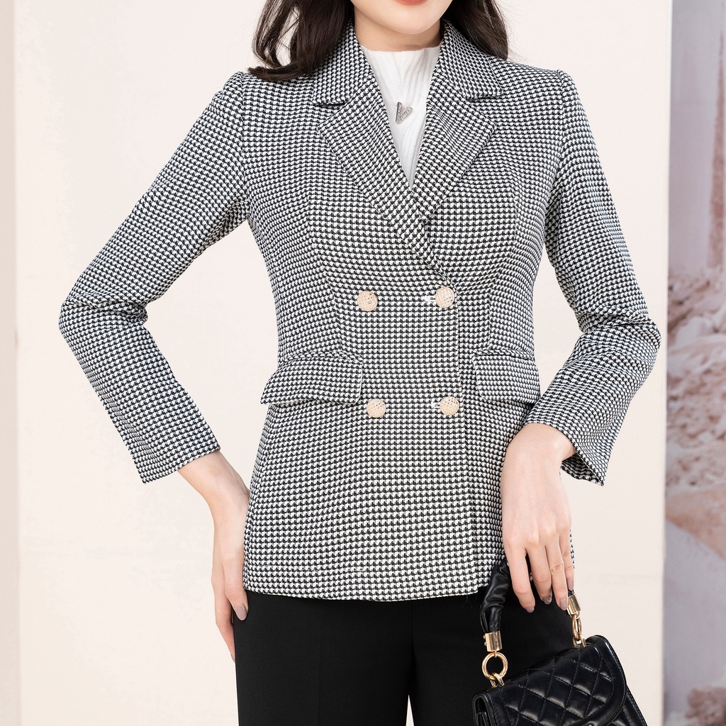 Áo Vest Nữ UK Fashion Vải Hàn Dáng Rông Dày Dặn Kẻ Có 4 Cúc Bọc Tinh Tế Túi Nắp Lịch Sự Hiện Đại UKAK2210003