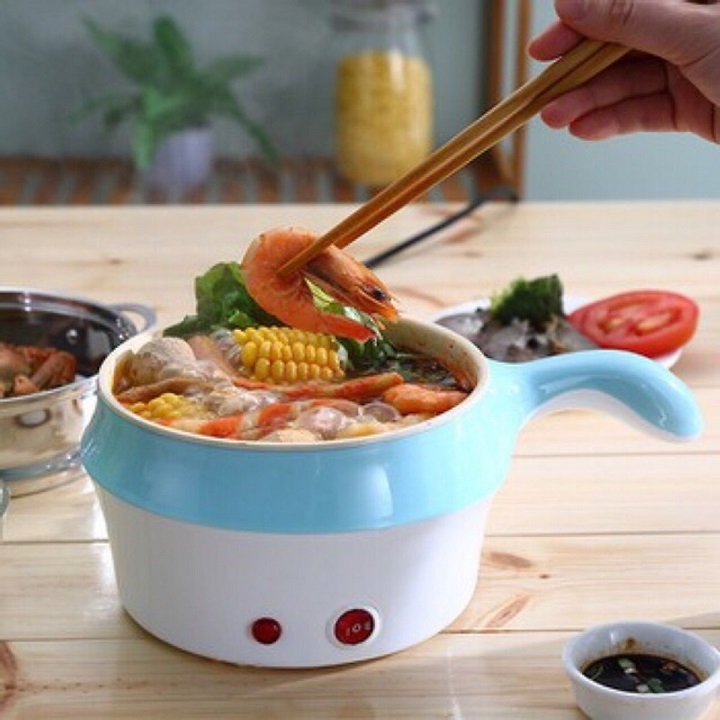 Ca Nấu Mì, Nồi Nấu Lẩu Đa Năng Siêu Tốc Hàng chính hãng/nhập Khẩu Electric Cooking Pot 18cm, Lồng chống dính, khay hấp Inox, Có Tay Cầm Tiện Dụng ( Giao Màu Ngẫu Nhiên )