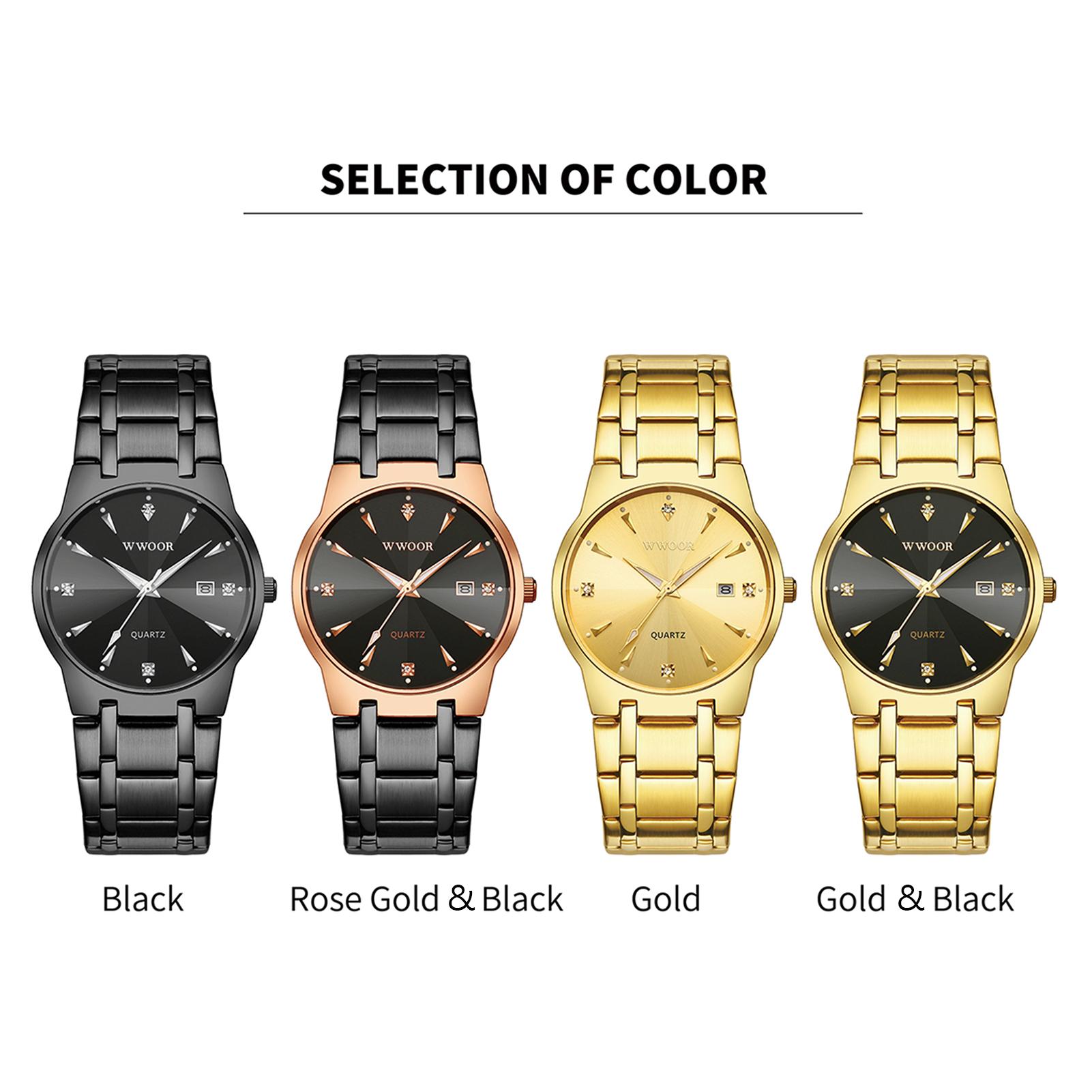 Đồng hồ đeo tay nam WWOOR Quartz Watch mặt số kim cương,con trỏ phát sáng 30M - Vàng hồng và đen