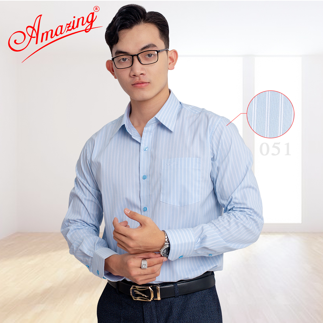 Áo so mi tay dài size tới 100kg, caro sọc nhỏ, tươi sáng, chất liệu KT mềm mại, chuẩn form trung niên cao cấp, hiệu Amazing
