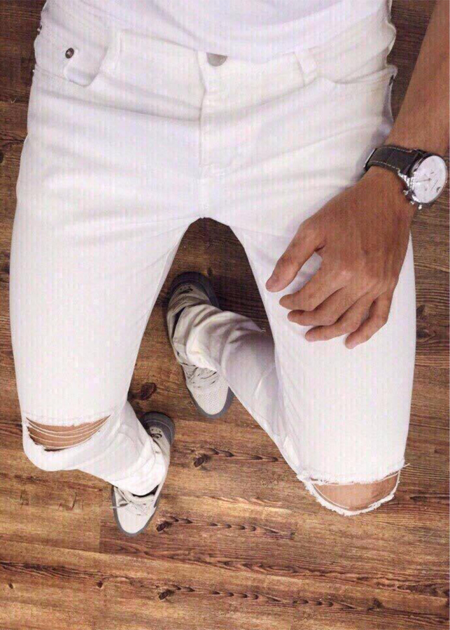 Quần Bò Nam Trắng Rách Gối Chất Co Giãn TRANGRACH98