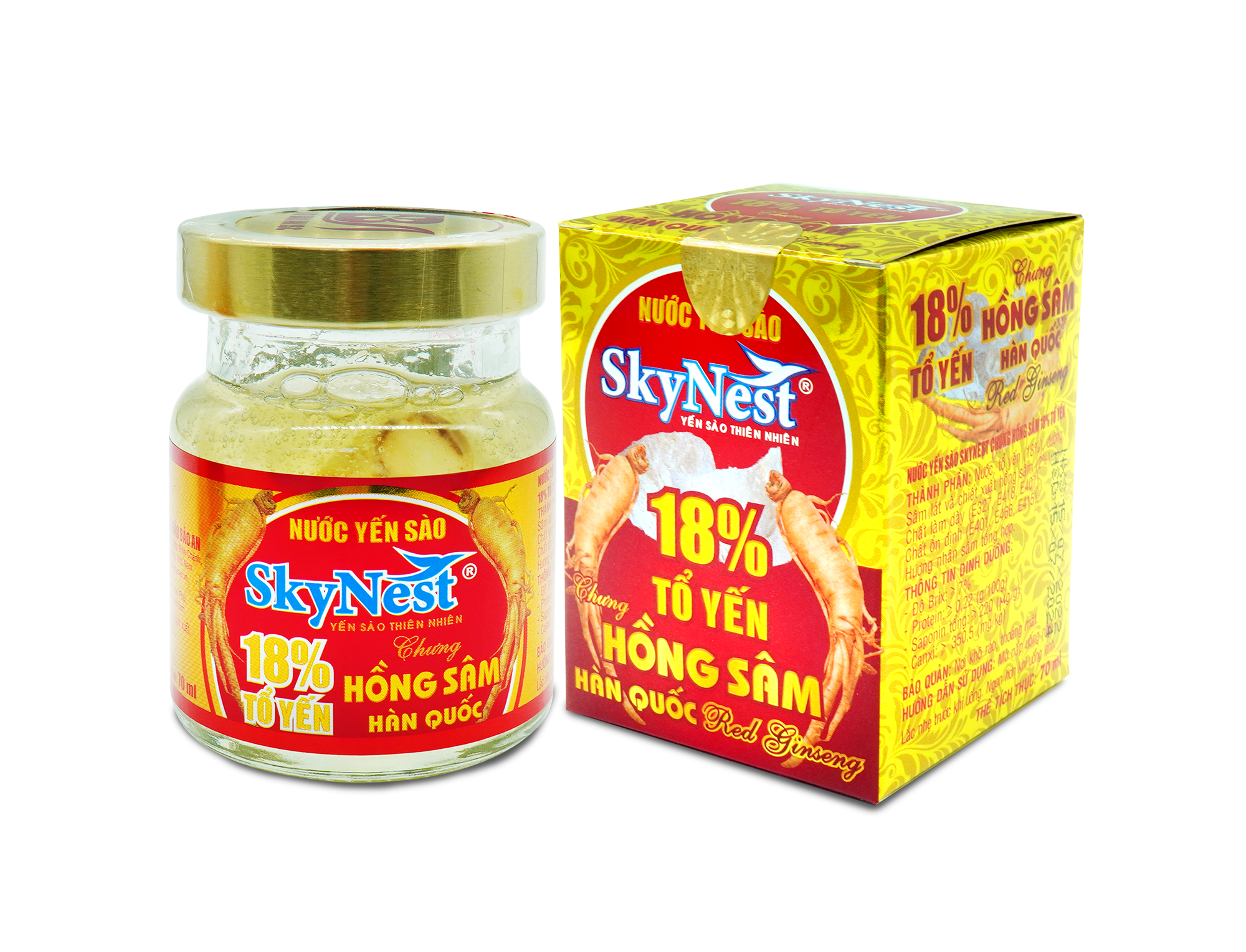 Nước yến sào SkyNest 18% Tổ yến chưng Hồng Sâm Hàn Quốc, Lọ 70ml - lát Hồng sâm thật, bồi bổ sức khỏe