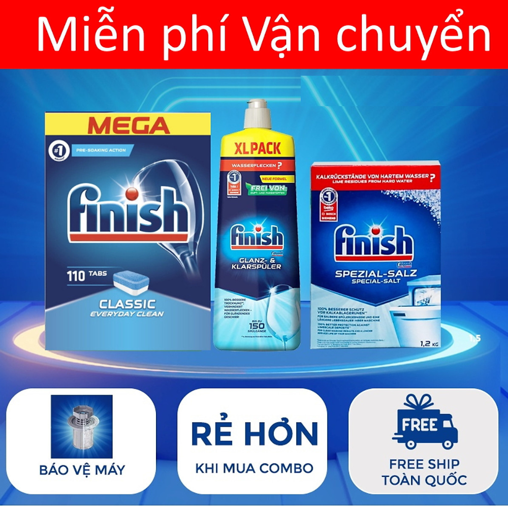 Combo Viên rửa bát fnish All in one 120 viên + Dung dịch nước làm bóng finish 750ml + Muối rửa bát chén finish 1.2kg cho Máy rửa bát chén ly