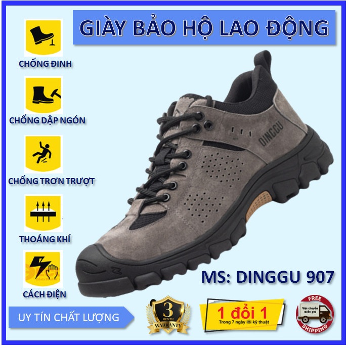 Giày bảo hộ lao động DINGGU 907, Kiểu dáng Nam tính Trẻ trung, Thời trang, Thoáng khí, Mũi giày bọc thép chống va đập, Đế giày có lớp KEVLAR chống xuyên thủng, Chống trơn trượt. Mẫu mới 2023