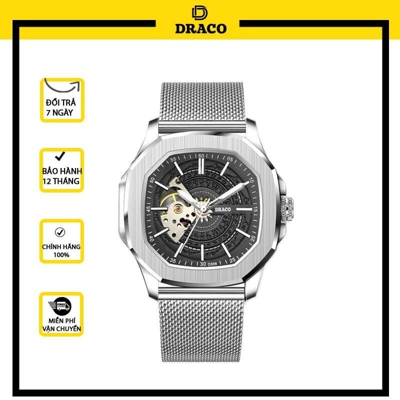 Đồng hồ nam Draco D23-DS68 “DongSon” Automatic trắng đen kết hợp chất liệu dây thép không gỉ màu bạc-thời trang nam thể thao