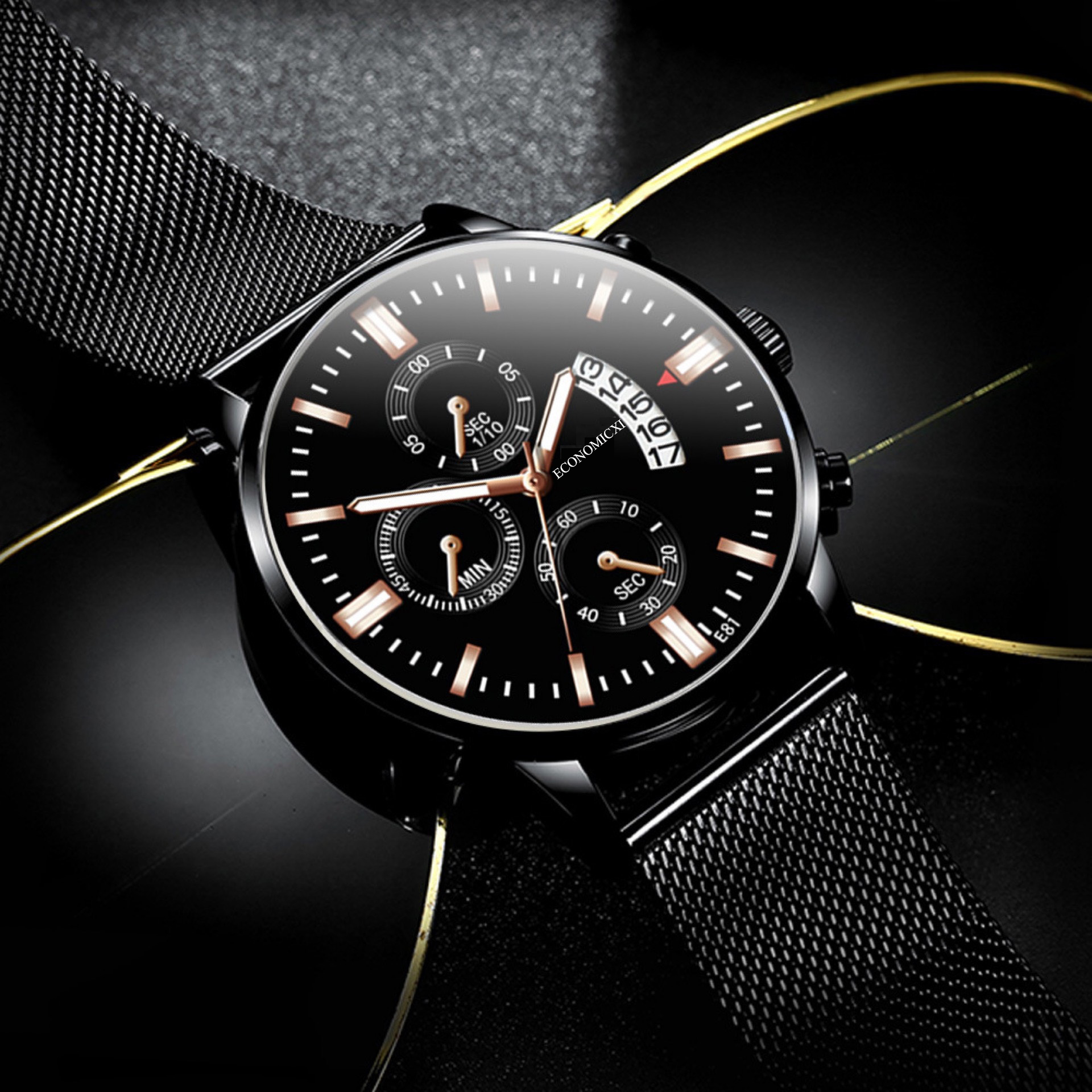 Đồng hồ nam ECONOMICXI dây thép mành đen chạy lịch ngày thiết kế cá tính ECO0129