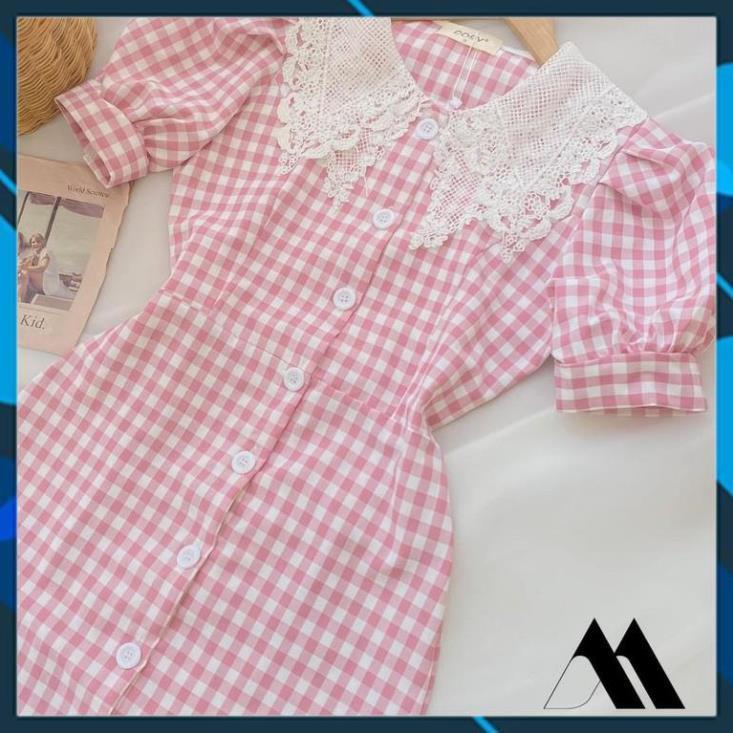 VÁY CARO CỔ REN CHO NỮ -Chất liệu Kaki Cotton nhập khẩu - Họa tiết Caro Hồng - Nâu - Xanh
