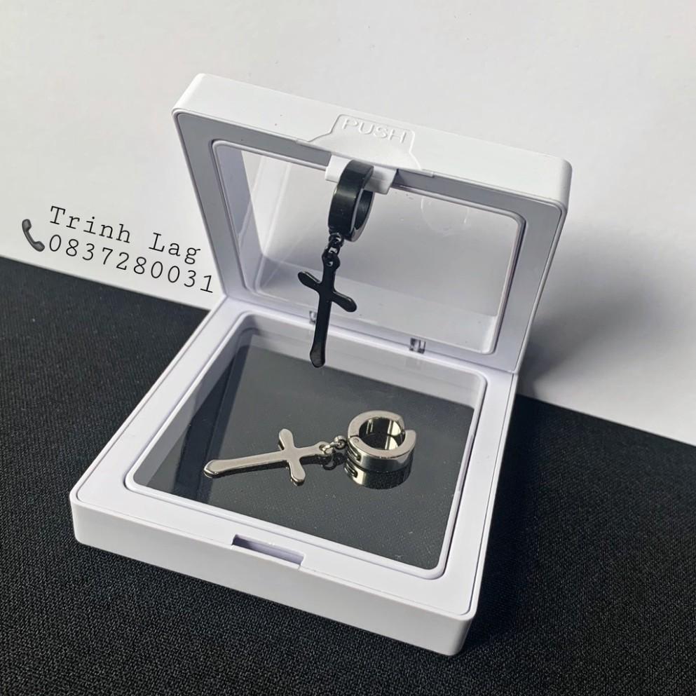 Khuyên kẹp  charm thánh giá lớn 1 đen bạc nam nữ