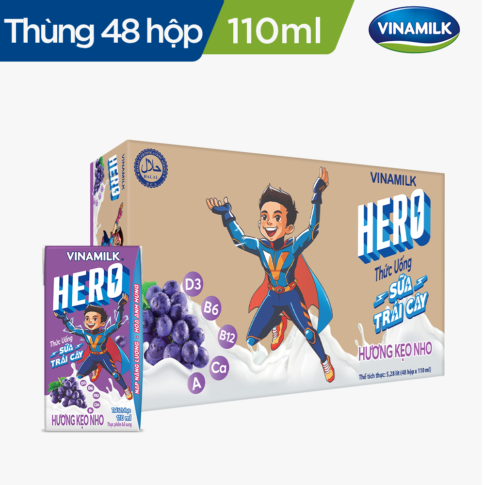 THỨC UỐNG SỮA TRÁI CÂY HERO VỊ KẸO NHO VINAMILK - HỘP X 110ML