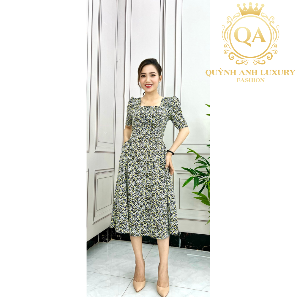 Đầm xoè nữ hoa xanh mặc hè