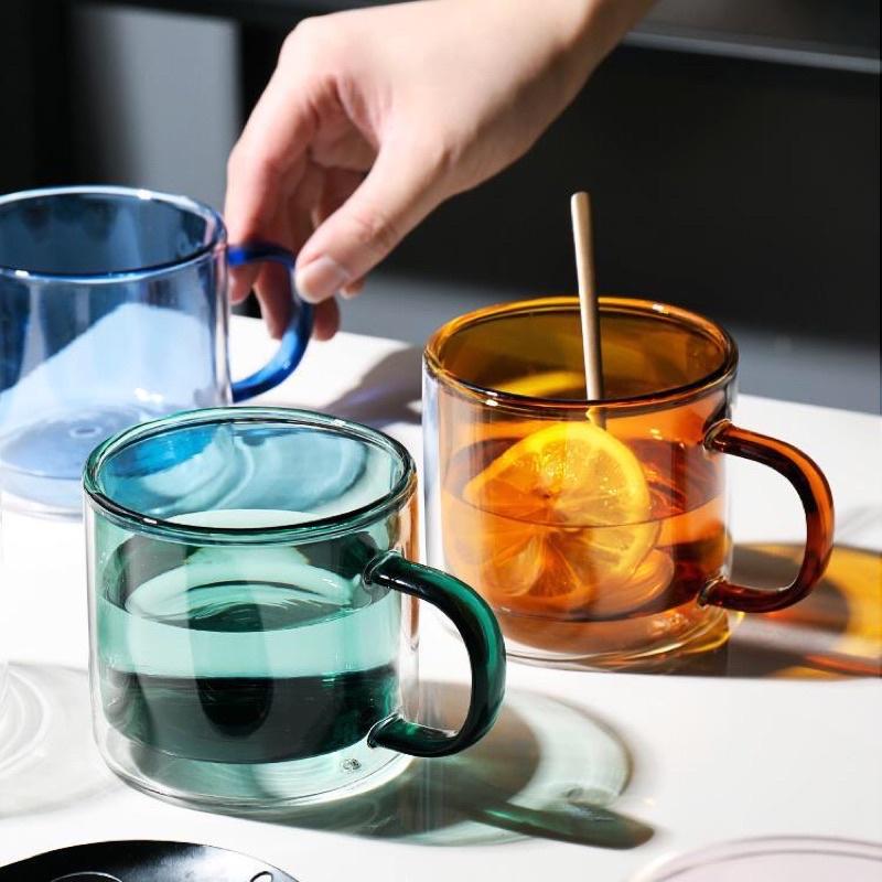 Cốc thủy tinh 2 lớp sắc màu, cốc thủy tinh có quai 300ml chịu nhiệt cao cấp
