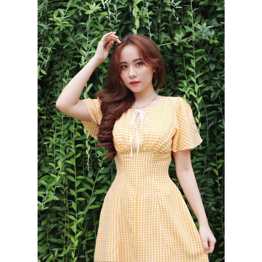 Đầm caro vàng công sở thiết kế đẹp dáng chữ a tay ngắn thời trang eo tôn dáng che bụng hợp đi làm đi chơi