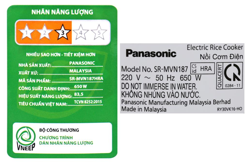 Nồi cơm điện Panasonic 1.8 lít SR-MVN187HRA - Hàng chính hãng