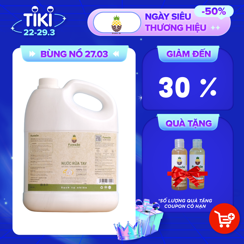 Nước rửa tay sát khuẩn Fuwa3e hữu cơ mùi tinh dầu quýt từ chế phẩm Enzyme sinh học 3.8L