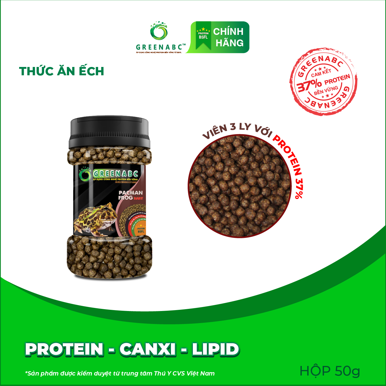 Thức ăn Ếch Pacman GREENABC – Pacman Frog – Hàm lượng protein 37% giúp tiêu hóa tốt, tăng kích thước, lên màu đẹp, ăn ngon – Hộp 50g và 230g