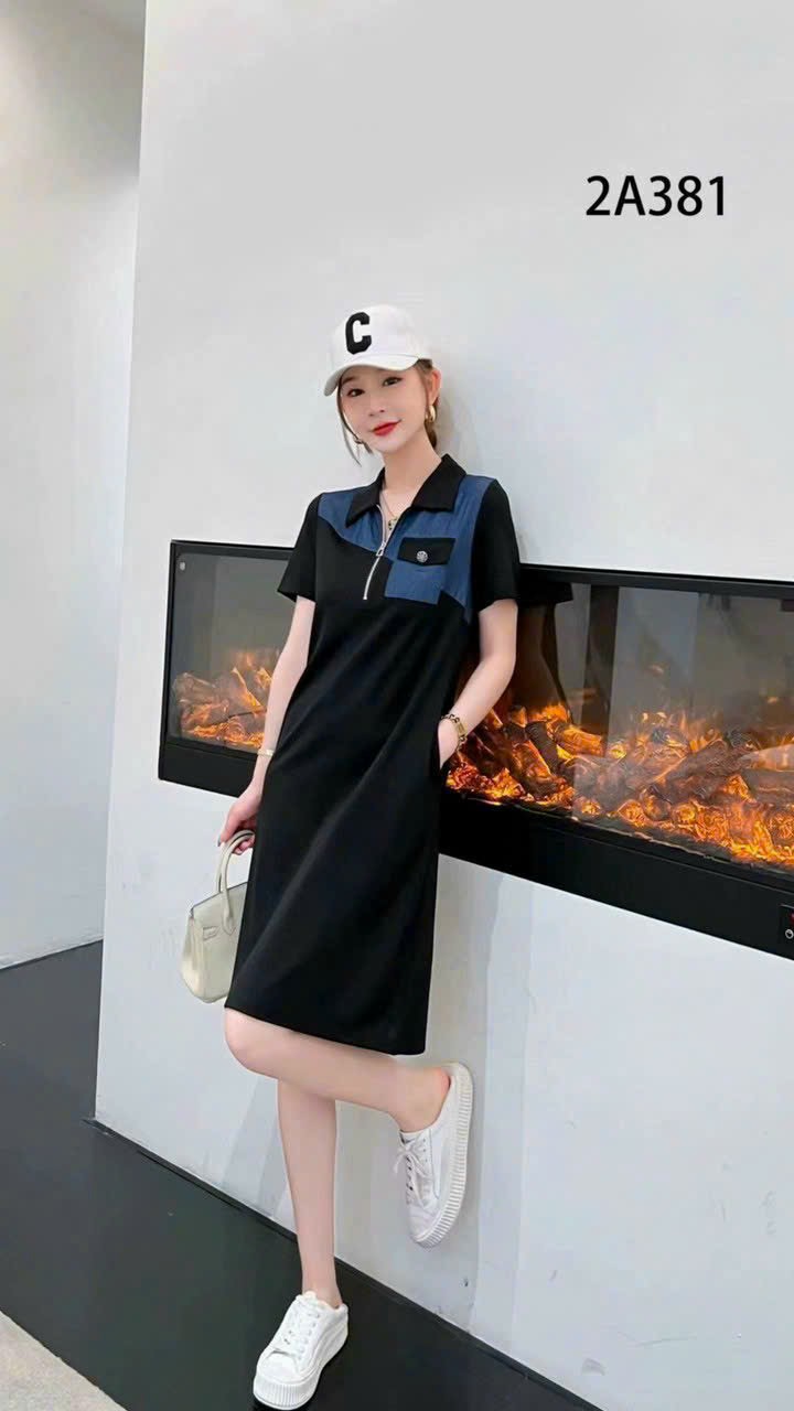 ĐẦM SUÔNG THUN PHỐI JEAN CỔ KHÓA CAO CẤP