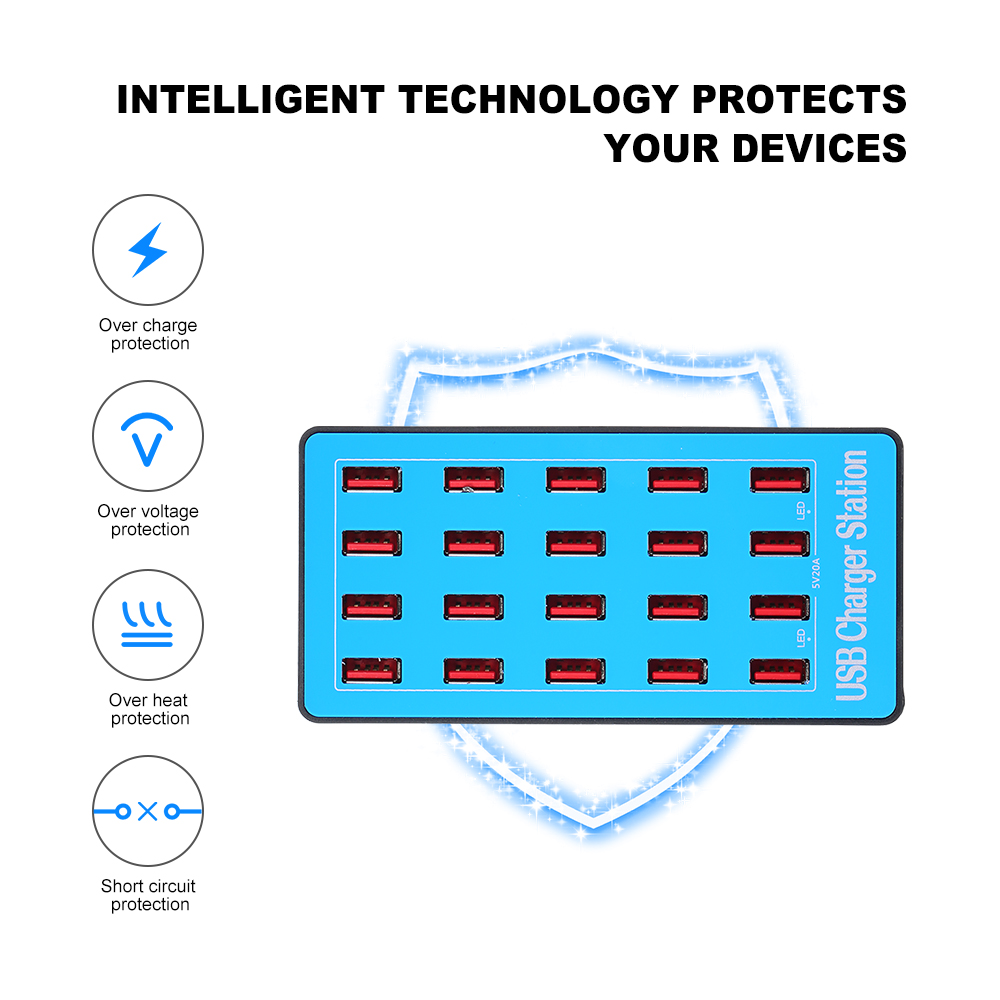Bộ Sạc Thông Minh USB Với Bộ Đổi Nguồn 20 Cổng Cho Gia Đình Và Văn Phòng
