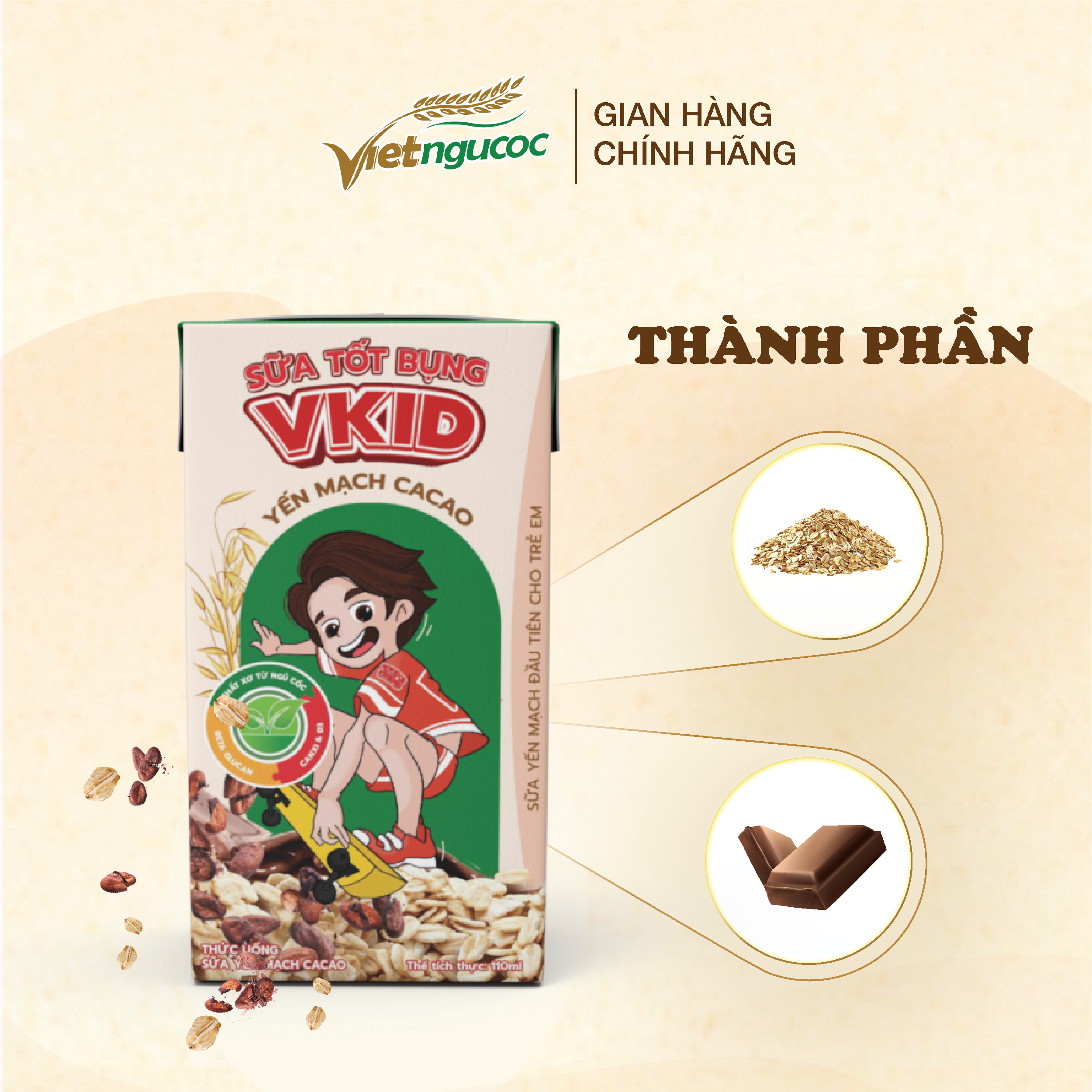 Lốc 4 Hộp Sữa Yến Mạch Vkid VIỆT NGŨ CỐC Cho Bé Thơm Ngon Hương Vị Cacao 110ml/Hộp