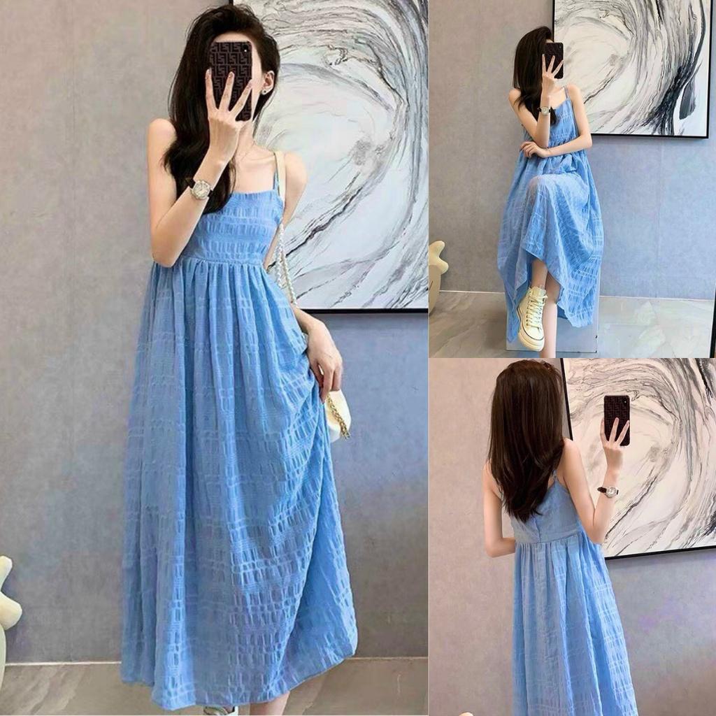 Đầm 2 dây màu xanh dương dáng xòe, Đầm maxi 2 dây dài Cao Cấp đính nút ngực, nữ tính quyến rũ MiNhi