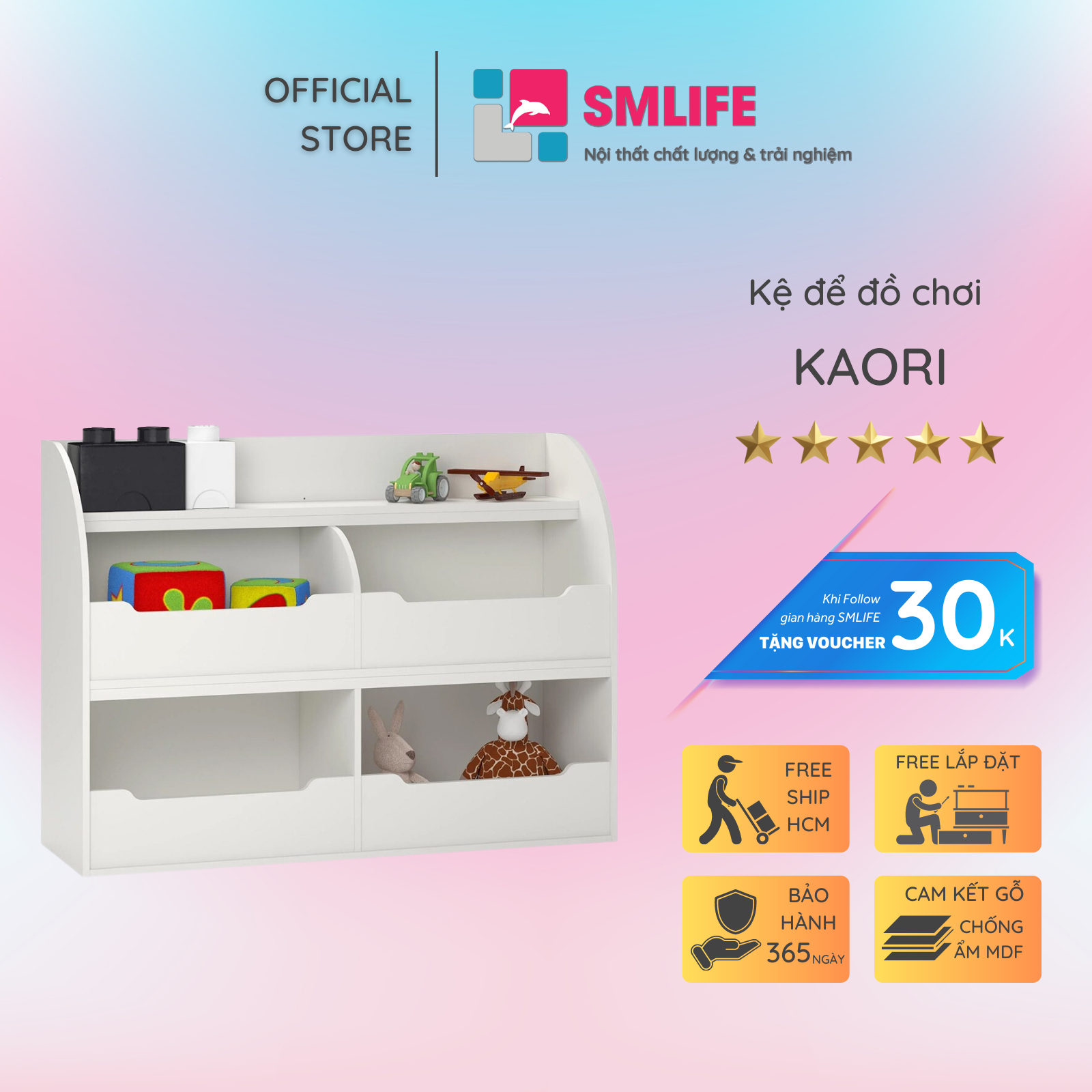 Kệ để đồ chơi cho bé SMLIFE Kaori | Gỗ MDF dày 17mm chống ẩm | D120xR40xC70cm