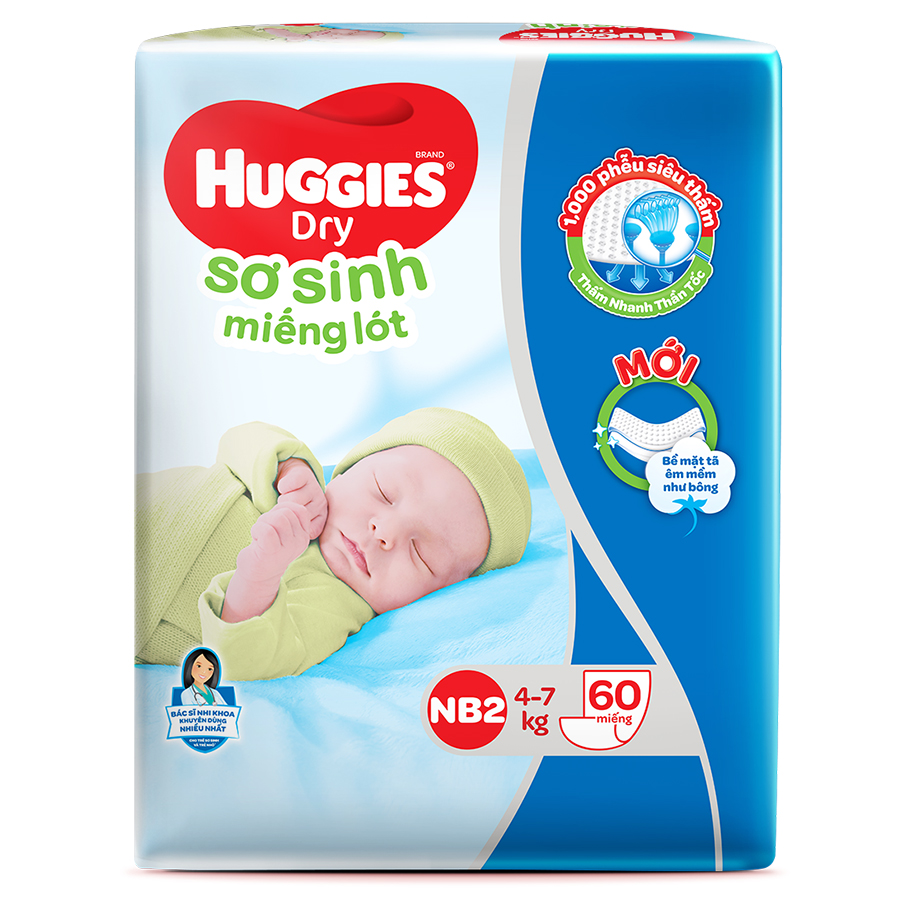 Miếng Lót Sơ Sinh Huggies Dry Newborn 2 - 60 (60 Miếng) - Bao Bì Mới