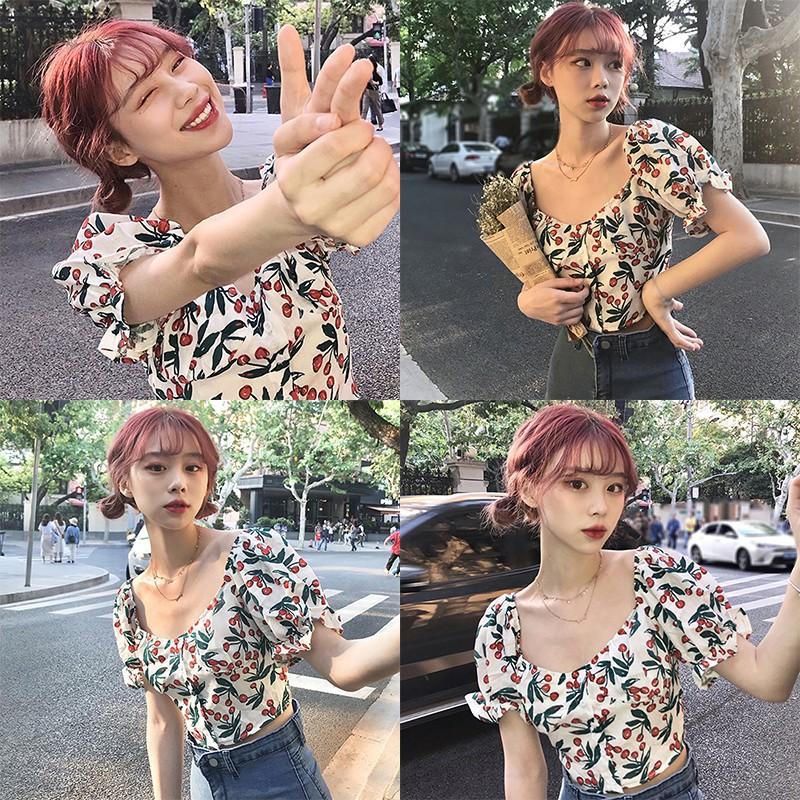 Áo Kiểu Tay Phồng Cổ Vuông Hoạ Tiết Hoa Phong Cách Vintage