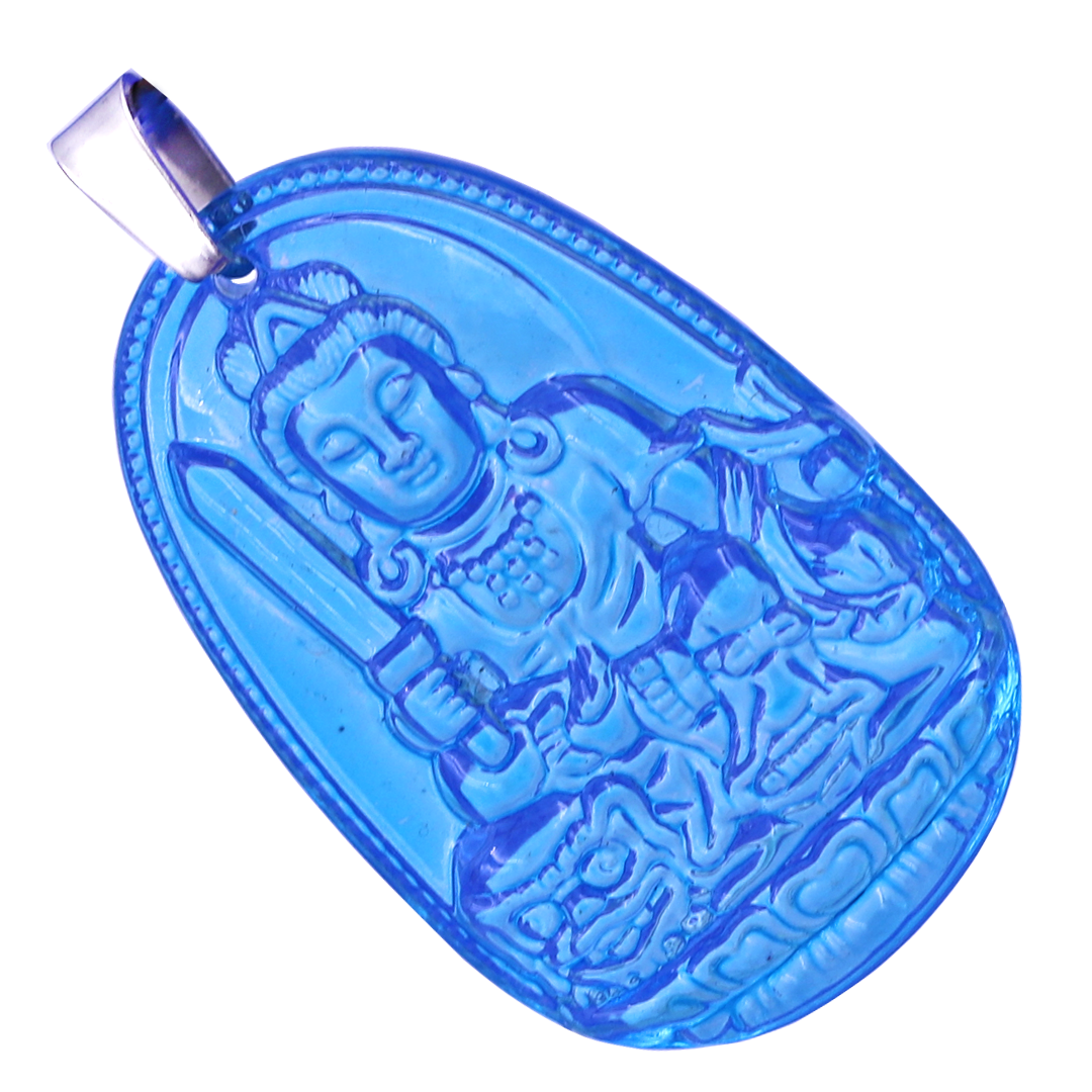 Mặt Phật Văn thù thuỷ tinh xanh biển 3.6 cm kèm móc và vòng cổ dây cao su đen, Mặt Phật bản mệnh