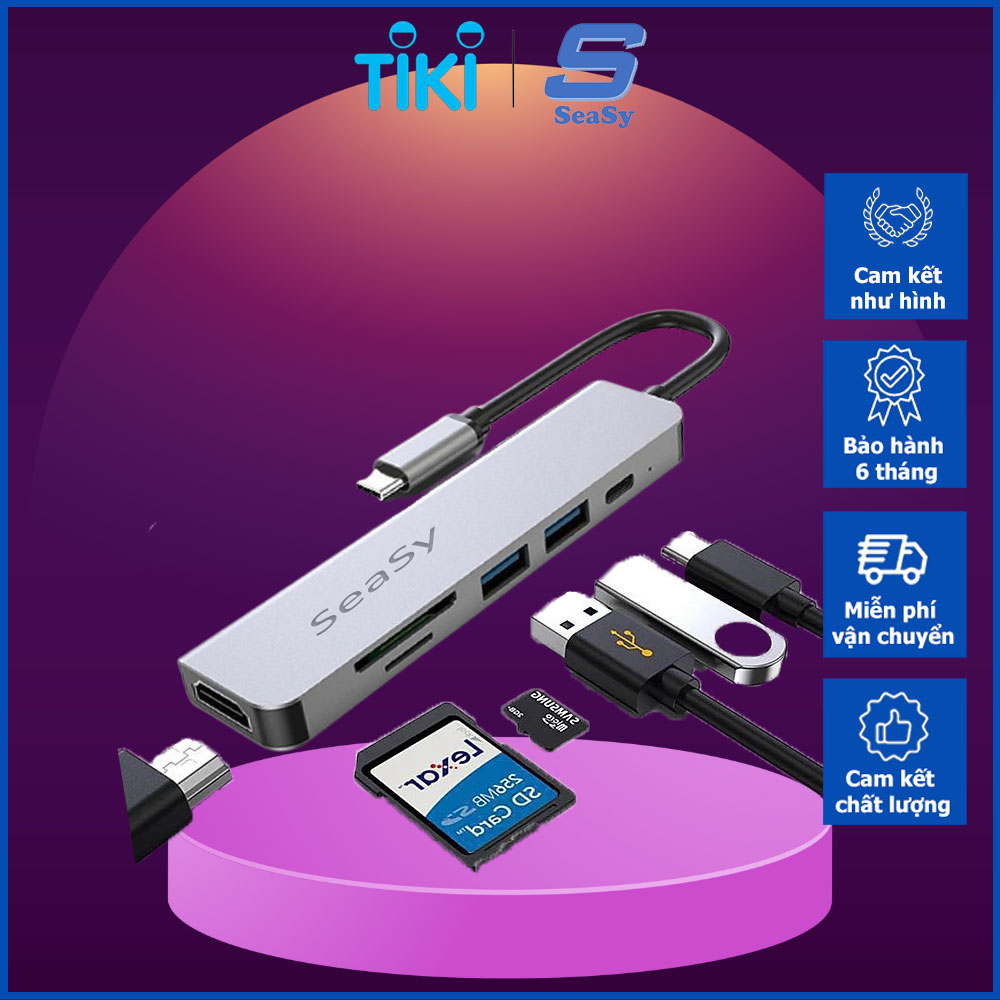 Hub chuyển đổi USB TypeC 6 trong 1 SEASY SS26, Cổng chuyển đổi HUB USB TypeC to HDMI, 1 cổng HDMI 4k UHD , 3 cổng USB 3.0, 2 khe đọc thẻ nhớ SD và TF, Kết nối nhiều thiết bị với tốc độ cao, Dùng cho Điện thoại/Laptop/PC/Macbook – Hàng chính hãng